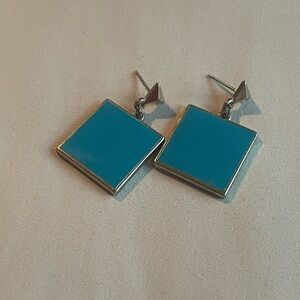 Turquoise & Silver Geometric Square Drop Earrings – Boho Western Rodeo jewelry